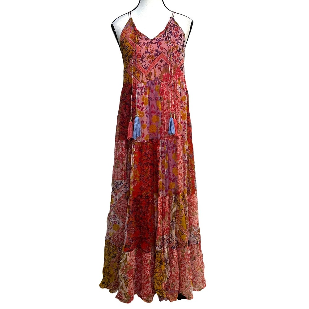 Raga Patchwork Floral Maxi Dress S Boho Chiffon Tassel Tiered Festival‎ Cottage